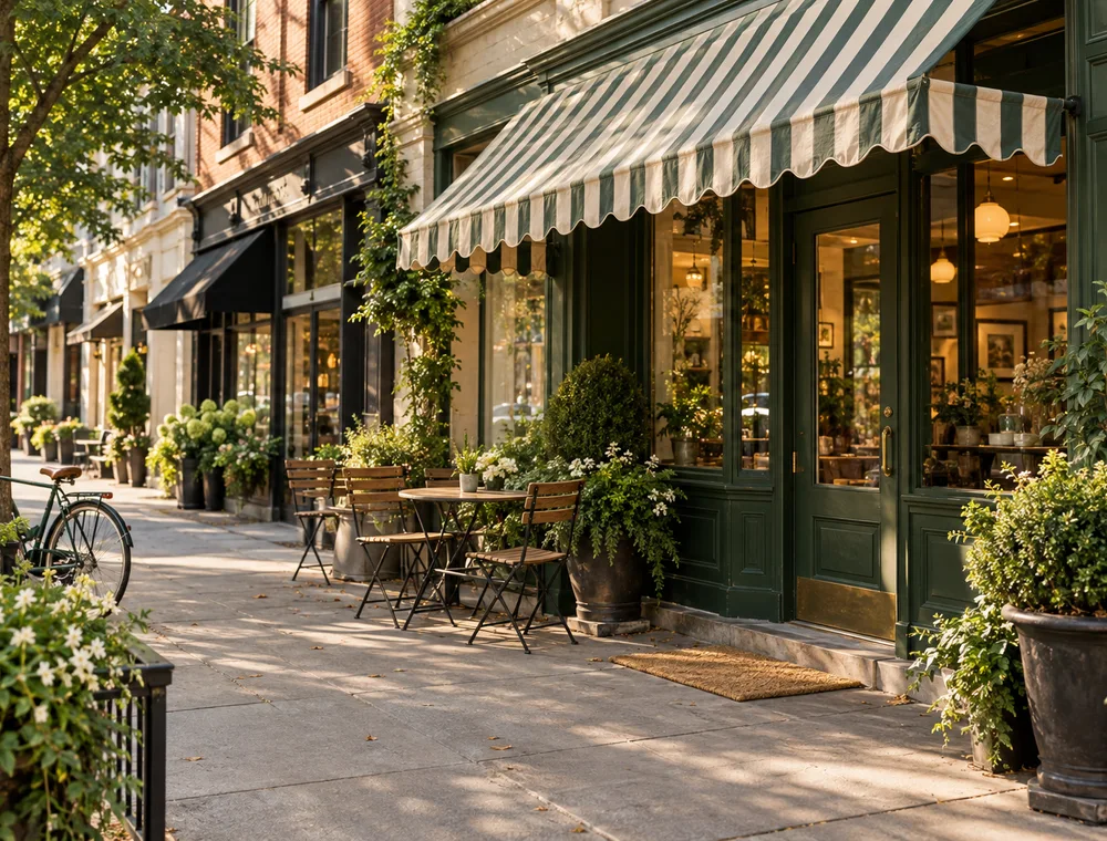 Illustrative image of neighborhood storefronts with a café terrace and green awnings
